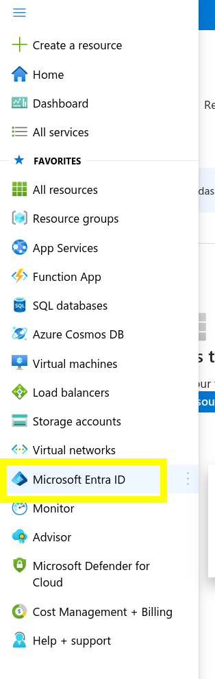 Screenshot of Azure's left-hand navigation menu, with the 'Microsoft Entra ID' option highglighted in a yellow box.